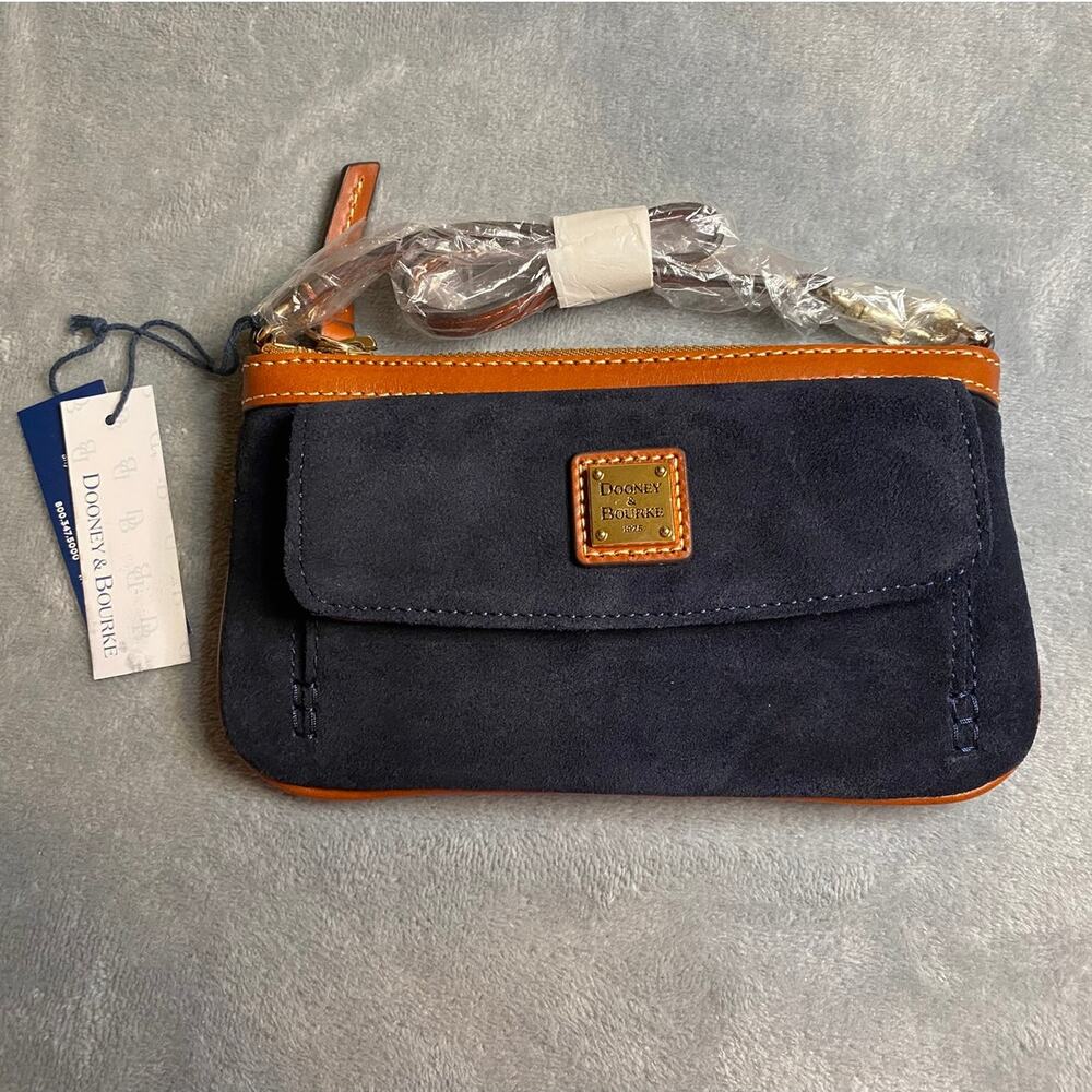 Dooney & Bourke Suede Pocket Wristlet Clutch Navy Gold Small Clutch NWT - Flawed
